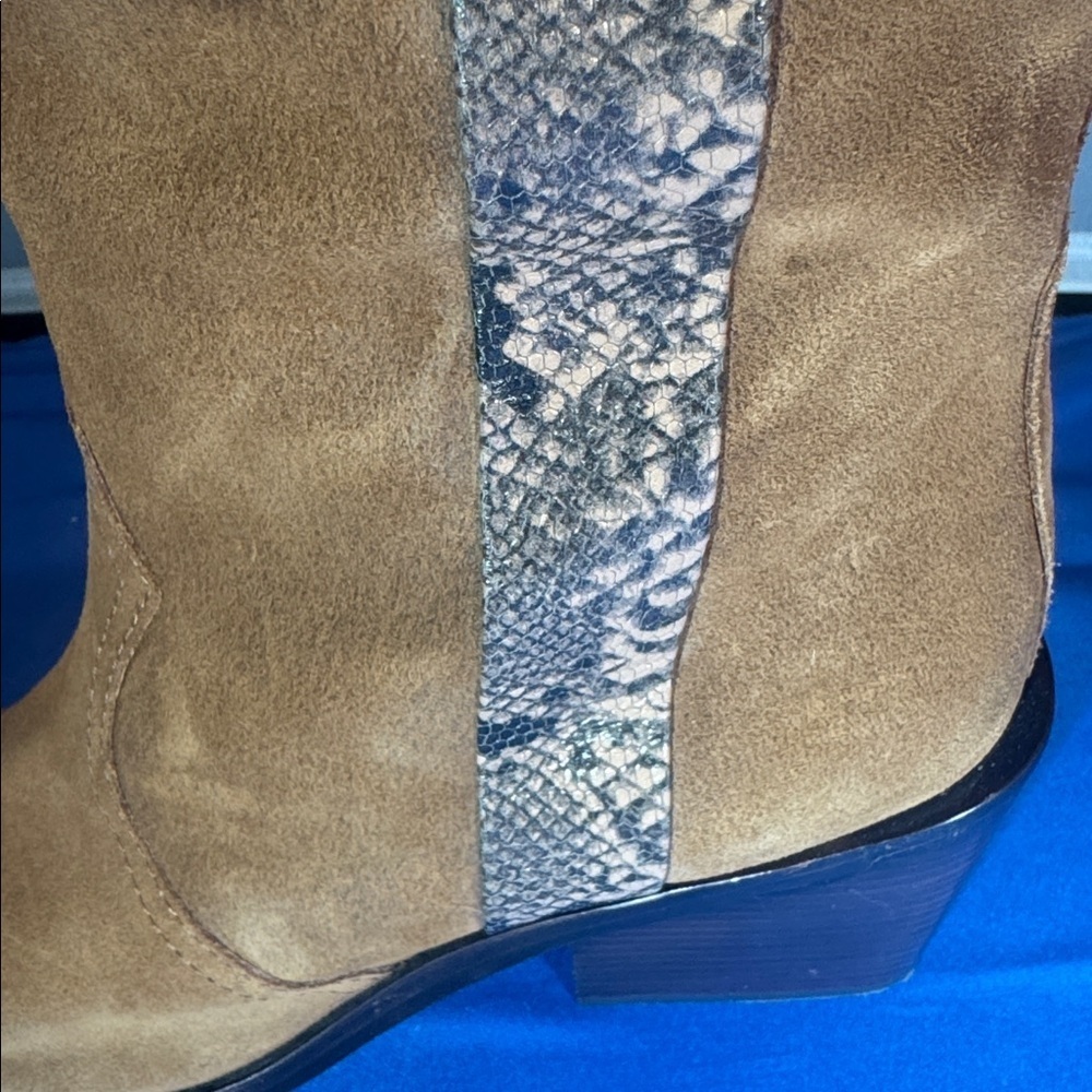 Donald Pliner riot suede western riding boot tan suede and snakeskin print strap - Picture 7 of 12